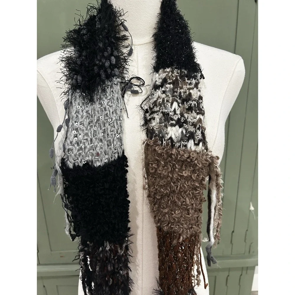Brown Black Patchwork Scarf Wrap Extra Long Boho Fairy Grunge Whimsigoth Witchy